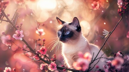 Aufkleber - Siamese cat perched among cherry blossoms with soft pink hues in the background creating a dreamy bokeh effect and vivid sharp focus on the cat.