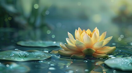 Aufkleber - Vibrant yellow lotus flower blooming on serene water surface with green lily pads and soft bokeh background creating a tranquil atmosphere.