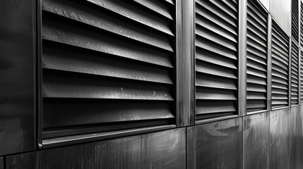 Poster - Industrial black metallic vent covers lined up in a grid pattern with horizontal slats creating texture and shadows against a smooth surface.