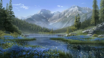 Poster - Tranquil mountain landscape with lush green pine trees and vibrant blue flowers by a serene pond reflecting distant peaks under a clear sky