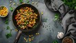 © meristock - Beef hash with roasted corn garlic and parsley in black skillet on grey cloth with concrete table backdrop top view with scattered spices and herbs