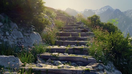Aufkleber - Stairway leading upwards through lush green grass and wildflowers under bright sunlight with distant mountains in the background.