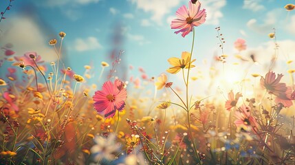 Aufkleber - Colorful meadow flowers in vibrant pink and yellow hues illuminated by a bright morning sun with blue sky and soft clouds in the background