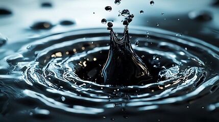 Fototapete - Dark liquid droplet splashing into water, creating ripples, abstract background, for design