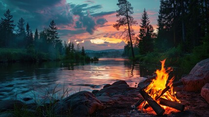 Poster - Serene evening campfire with vibrant orange flames beside a calm river, surrounded by dark green trees under a pink and blue twilight sky.