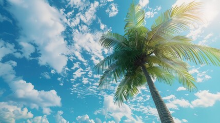 Aufkleber - Lush royal palm tree fills the foreground with vibrant green fronds against a bright blue sky dotted with soft white clouds in the background