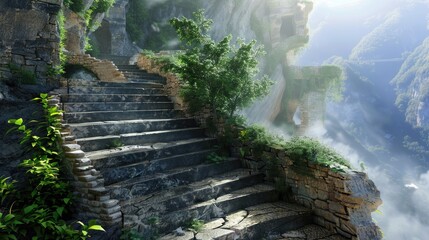 Aufkleber - Stone stairway winding up a lush mountain with vibrant greenery on sunny day illuminated by soft light, mist rising from valley below.