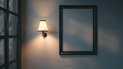 Leinwandbilder - Elegant empty frame on a textured wall illuminated by a soft glow from a vintage wall lamp positioned to the left enhancing the serene ambiance