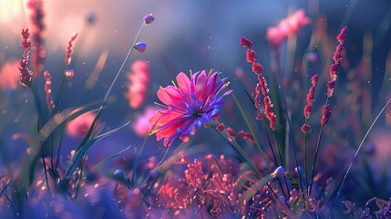 Aufkleber - Vibrant purple and pink wildflowers in a soft-focus meadow at sunrise with glimmering dew drops creating a dreamy ethereal atmosphere.