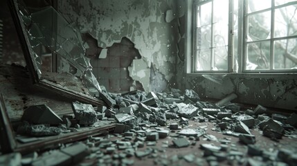 Aufkleber - Abandoned interior of a shattered room with broken glass and debris scattered across the floor, dim light filtering through large windows.