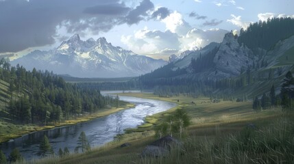 Poster - Serene landscape of Snake River winding through lush green valleys with majestic mountains in the background under a cloudy sky at sunset.