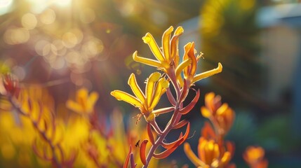 Aufkleber - Vibrant yellow kangaroo paw flowers in sunny backyard with golden sunlight glowing in background and blurred greenery creating a bokeh effect