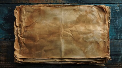 Wall Mural - Aged brown paper texture with creases on an old cardboard cover, featuring a vintage look against a dark wooden background.