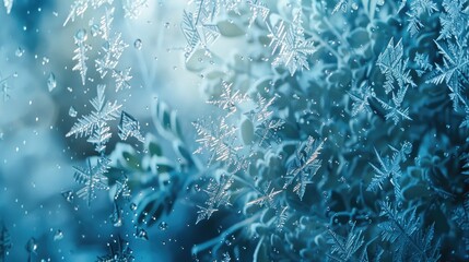 Fototapete - Close-up of intricate ice crystals on a window with a bluish background, showcasing delicate snowflake patterns and sparkling water droplets.