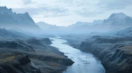 Poster - Serene river flowing through a misty valley with distant mountains in muted gray and soft blue hues under a cloudy sky