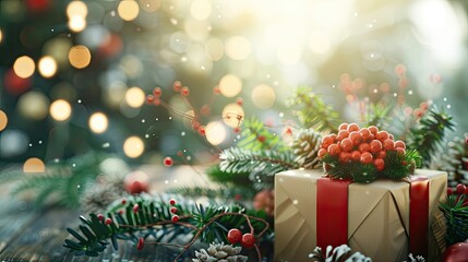 Aufkleber - Christmas gift box adorned with red ribbon and berries surrounded by evergreen branches on a sunny bokeh background with soft light effects.