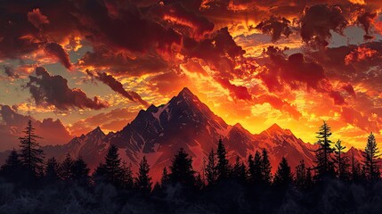 Poster - Majestic silhouette of dark mountains against a vibrant sunset sky with fiery orange and deep purple hues, framed by dark evergreen trees in foreground