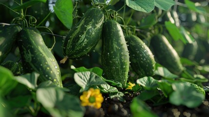 Aufkleber - Vibrant green cucumbers suspended amid lush green leaves and yellow flowers in a sunlit greenhouse setting highlighting organic growth and harvest freshness