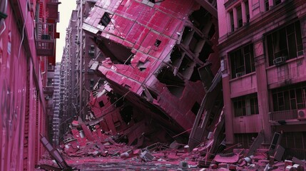 Aufkleber - Abandoned pink building tilted at an angle showcasing interior disarray with scattered debris and urban decay in a surreal setting.