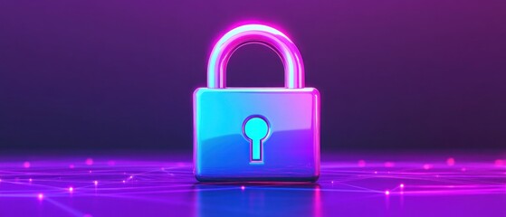 Poster - Secure Digital Privacy Padlock Icon Neon Glowing Purple Blue