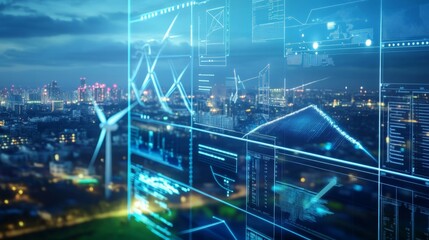 Wall Mural - digital data visualization overlay on urban skyline at twilight