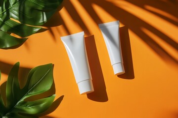 Wall Mural - Tropical skincare tubes sunlight orange background mockup