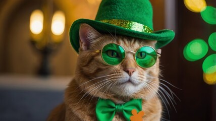 Cat in a green top hat and glasses for St. Patrick's Day.