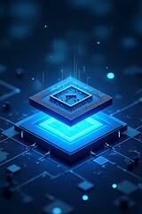 a stylized digital rendering of a computer processor, glowing blue, floats above a circuit board.