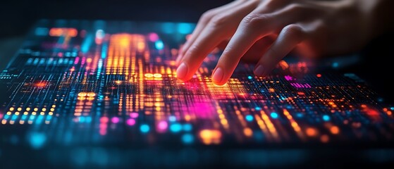 Hands on glowing digital interface
