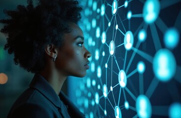 Wall Mural - black woman looks at digital screen with social network interface. businesswoman in dark blue cybers