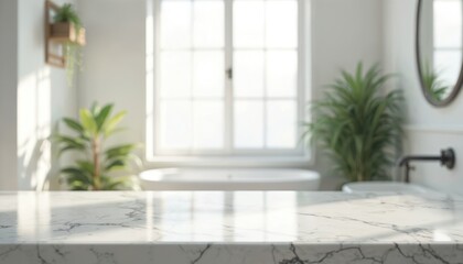 Blurred bathroom background with marble counter. Table top for montage product display or design layout. Home interior with clean lines and decorative plants.