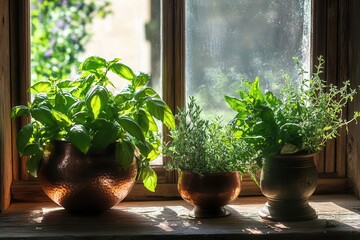 Wall Mural - rustic italian herb garden harvest fresh basil and sage arranged with vintage copper vessels natural sunlight through window