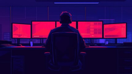Person Working Late at Night with Multiple Computer Screens Showing Red Data