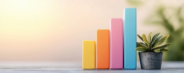 Poster - Colorful Wooden Blocks Chart Showing Growth and Success with Plant