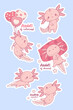 © Ludmila - Cute pink Axolotl stickers. Funny little cartoon kawaii character with balloons and sleeping sweetly on pillow with cool slogan. Isolated Vector illustration. Kids collection.