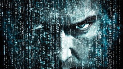 Wall Mural - human face emerging from digital matrix cybersecurity, ai, and the future of technology