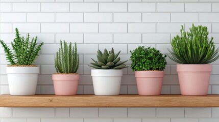 Wall Mural - Serene Display of Potted Plants on Wooden Shelf Against White Tile Background