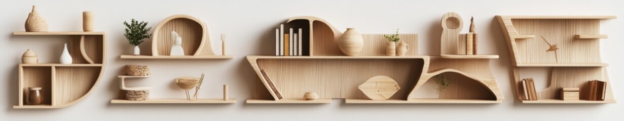 Wall Mural - Modern wood shelving unit; minimalist decor; white wall background; interior design