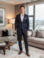 Luxury real estate developer smiling in modern penthouse interior, success