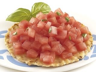 Diced tomatoes and basil arranged on a round crispbread presented on a plate with a white background.