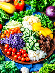 Sticker - A vibrant and colorful array of fresh vegetables arranged artfully on a large wooden platter creating a delightful and healthy composition.