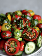 Wall Mural - Fresh summer salad with colorful cherry tomatoes sliced cucumbers and chopped herbs glistening with a light dressing.