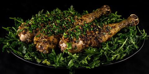 Wall Mural - Roasted turkey drumsticks seasoned with herbs served on a bed of fresh greens against a dark background.