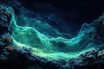 Wall Mural - Luminous underwater scene with bioluminescent organisms illuminating the ocean floor and coral formations.