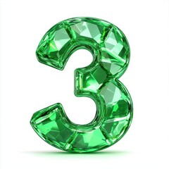 number 3 made of radiant emeralds with vivid green reflections isolated on a clean white background
