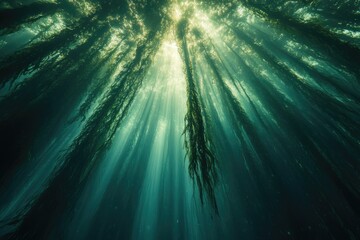 Wall Mural - Sunbeams pierce through a dense kelp forest, creating a mesmerizing underwater scene.