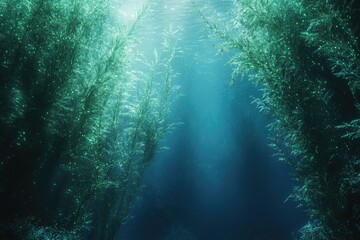 Wall Mural - Sunbeams illuminate an underwater kelp forest, creating a serene and magical scene.