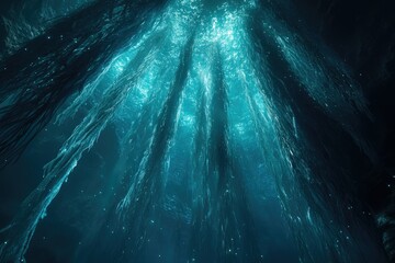 Wall Mural - Sunbeams pierce a deep underwater cavern, illuminating ethereal, vertical formations resembling underwater trees.