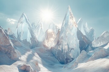 Fototapete - Sunlit crystalline peaks rise from a snow-covered landscape, a breathtaking icy panorama.