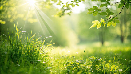 Aufkleber - Young juicy fresh leaves on the branches of a tree and grass in sun, soft focus. Spring summer landscape in nature morning, green grass background, copy space.